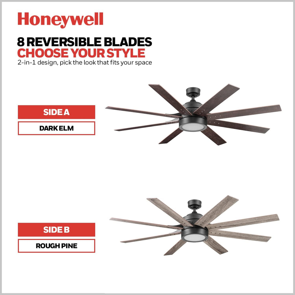 Honeywell Ceiling Fans Xerxes Modern 62 Inch Ceiling Fan with Light, Remote Control Fan, LED Indoor Fan with 8 Blades, Dark Elm and Rough Pine Blade Finish Options, Bronze (50609-01)