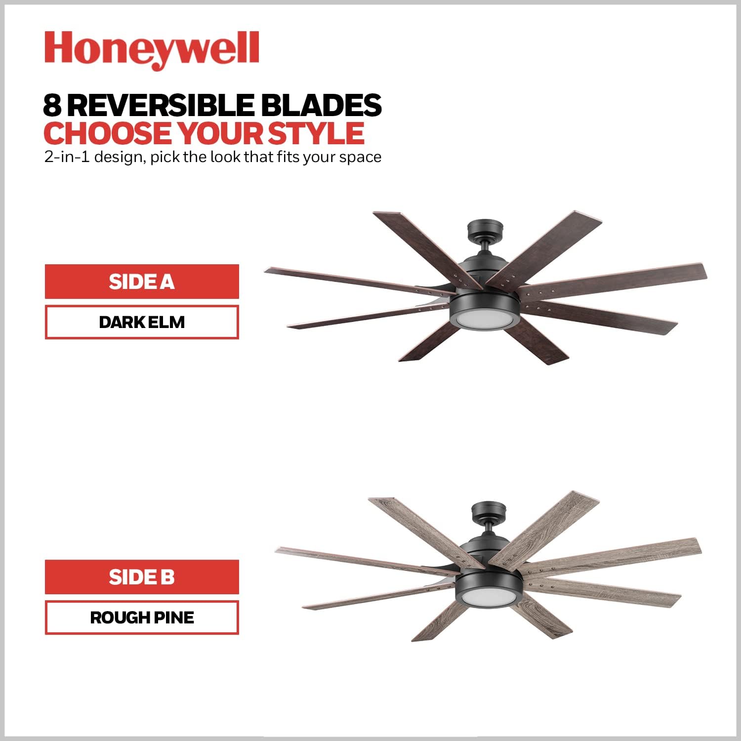 Honeywell Ceiling Fans Xerxes Modern 62 Inch Ceiling Fan with Light, Remote Control Fan, LED Indoor Fan with 8 Blades, Dark Elm and Rough Pine Blade Finish Options, Bronze (50609-01)