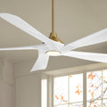 Possini Euro Design 60' Eloquent Modern Indoor Outdoor Ceiling Fan 5 Blade LED Light Remote Control Brass Finish White Blades Bedroom Patio Living Room Damp Rated Decorative DC Motor - 6' Downrod