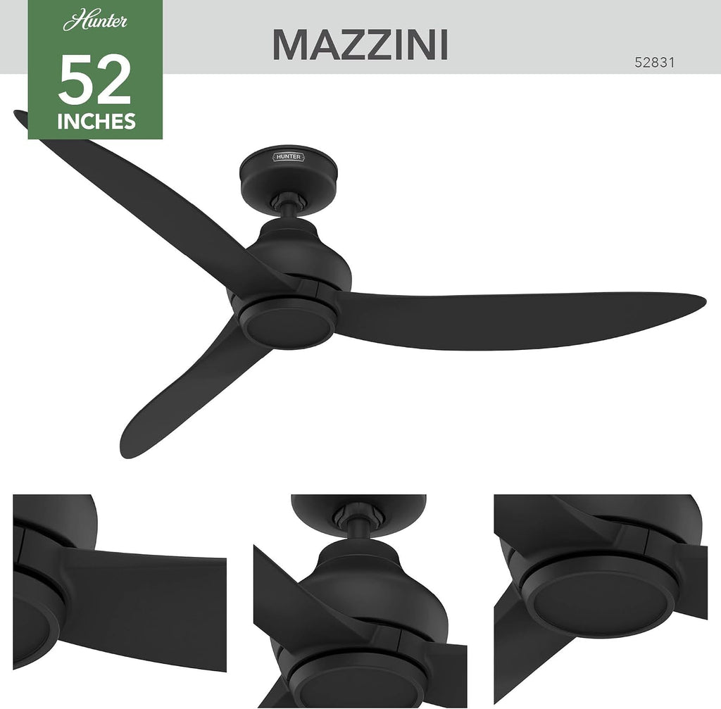 Hunter - Mazzini Indoor/Outdoor Ceiling Fan, Remote, 52-inch, Casual-style, 6-speed DC Motor, Energy Star, for porches, patios, sunrooms, bathrooms (Matte Black)