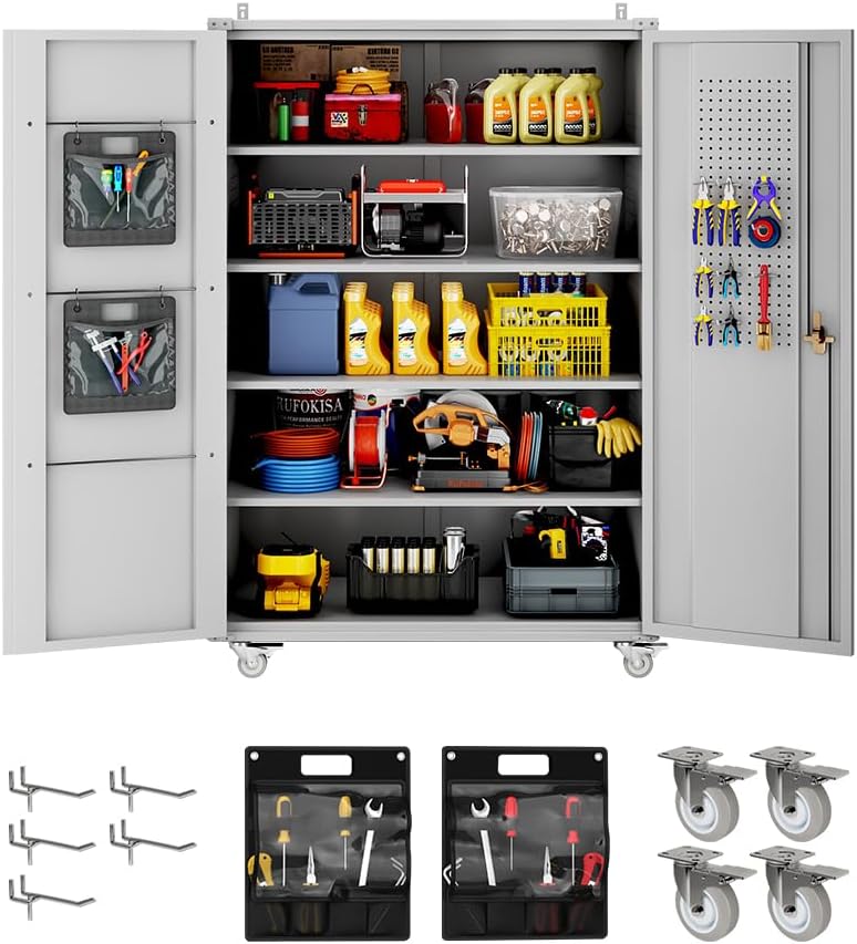 Yeeoy Wide & Deep Metal Garage Storage Cabinet with Pegboard & Adjustable Shelves, Lockable Storage Cabinet with Wheels, Tool Organization Cabinets for Office Garage Shop, 43''W x 22''D x 72''H, Gray