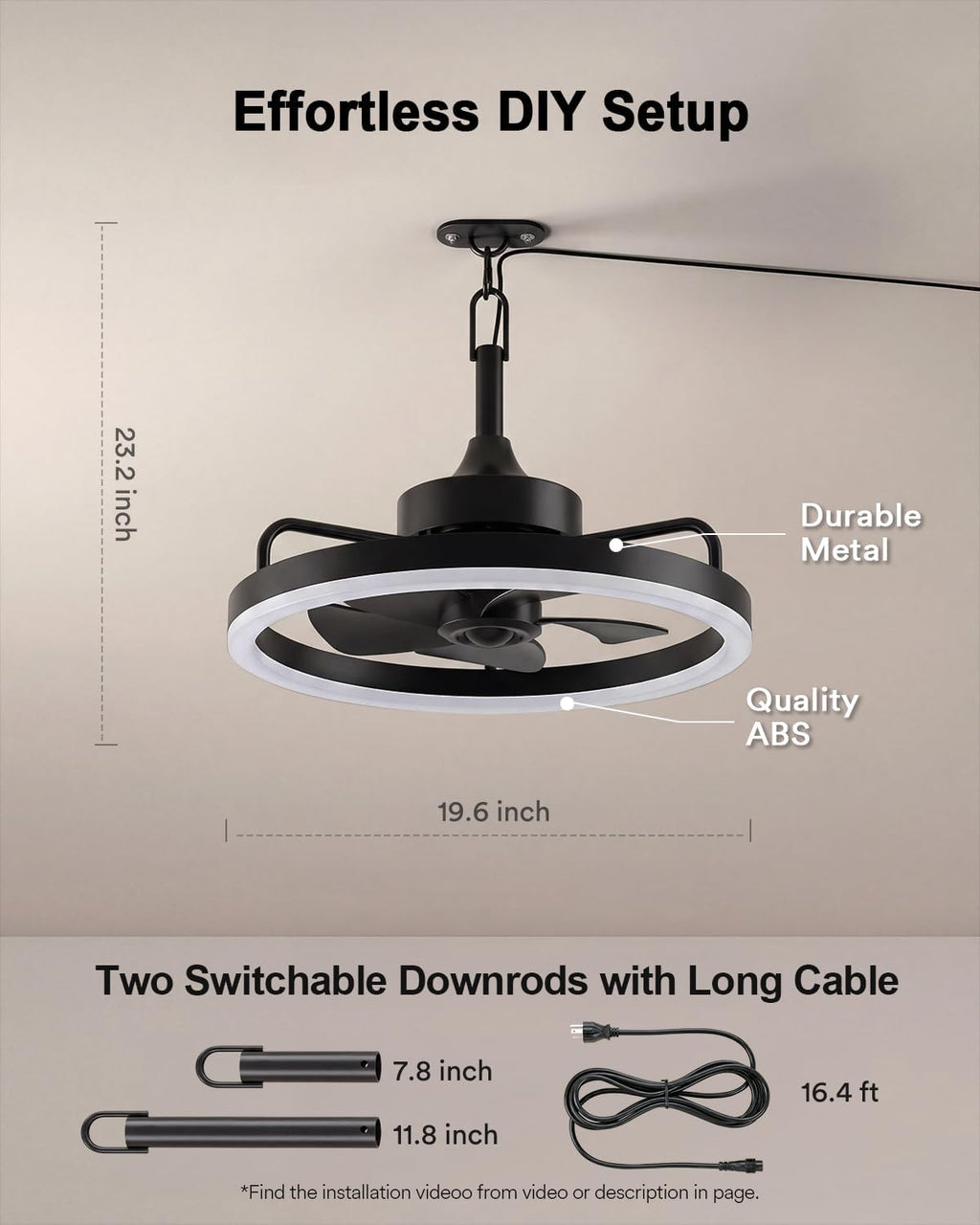 Lumary Smart Outdoor Ceiling Fans with RGBAI Lights for Patio, Wi-Fi Bluetooth Connect, Work with Alexa Google, Waterproof Plug in Ceiling Fan with Hook/Remote/APP Control for Pergola Gazebo, 20in