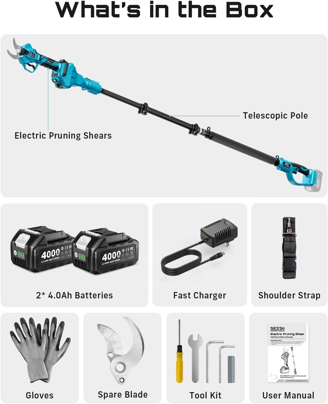 SEESII 2-in-1 Pole Pruning Shears: 1.6' Cutting Diameter Cordless Electric Pole Pruners - Brushless Motor, Dual 4.0Ah Batteries, Extra SK5 Blade, 4 Modes Adjustable Branches Cutter for Tree & Flower