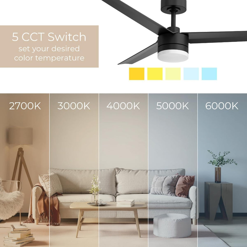 Breeze 52in 3-Blade Smart Ceiling Fan in Matte Black 2700K-6000K CCT Tunable Range LED Light Kit with Remote Control Works With iOS or Android App