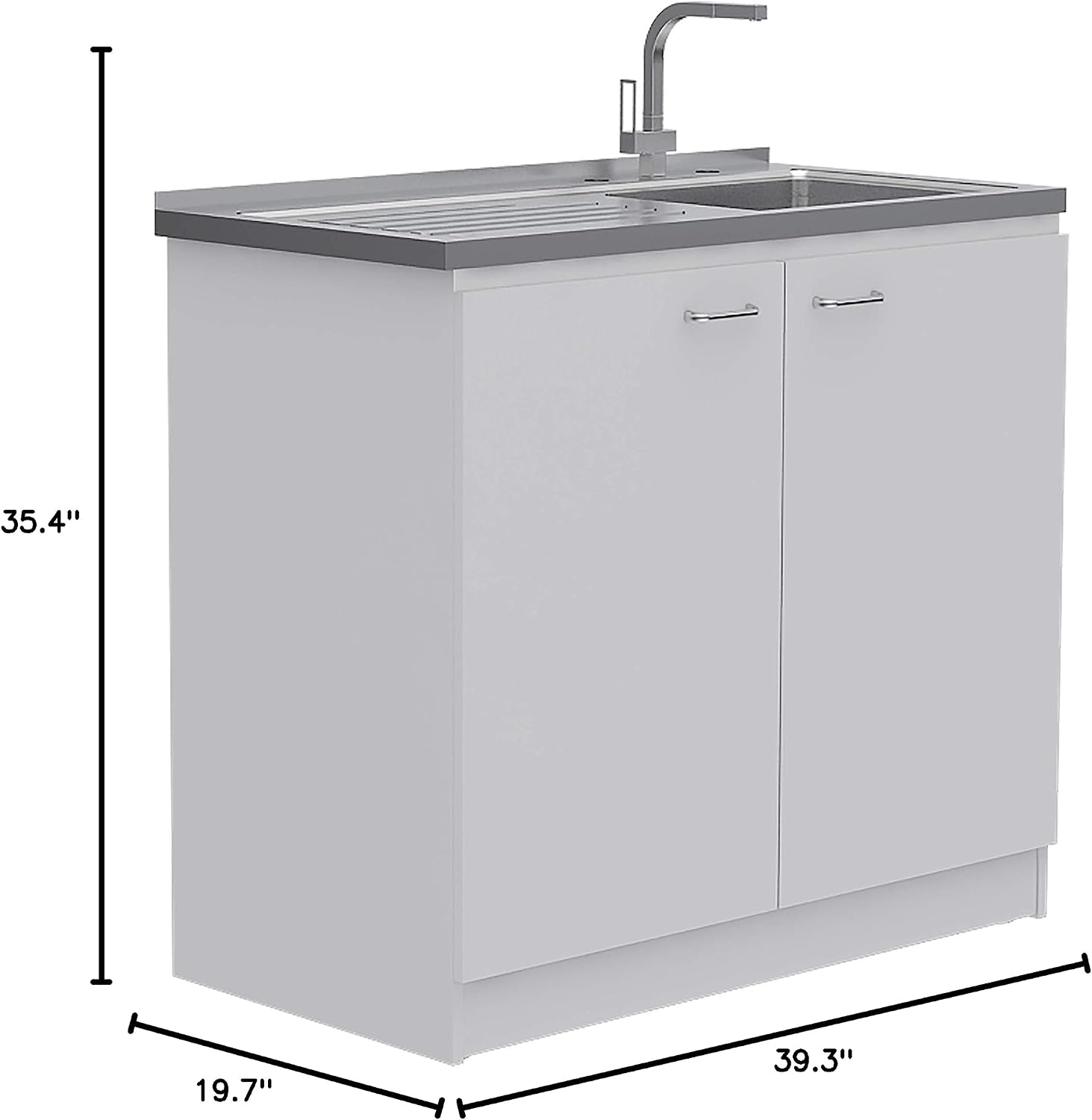 DEPOT E-SHOP Salento Utility Freestanding Sink with Cabinet 35.4' H x 39.3' W - Double Door, Two Shelves, Metal Handles, Aluminum Countertop, White, with Integrated Steel Sink