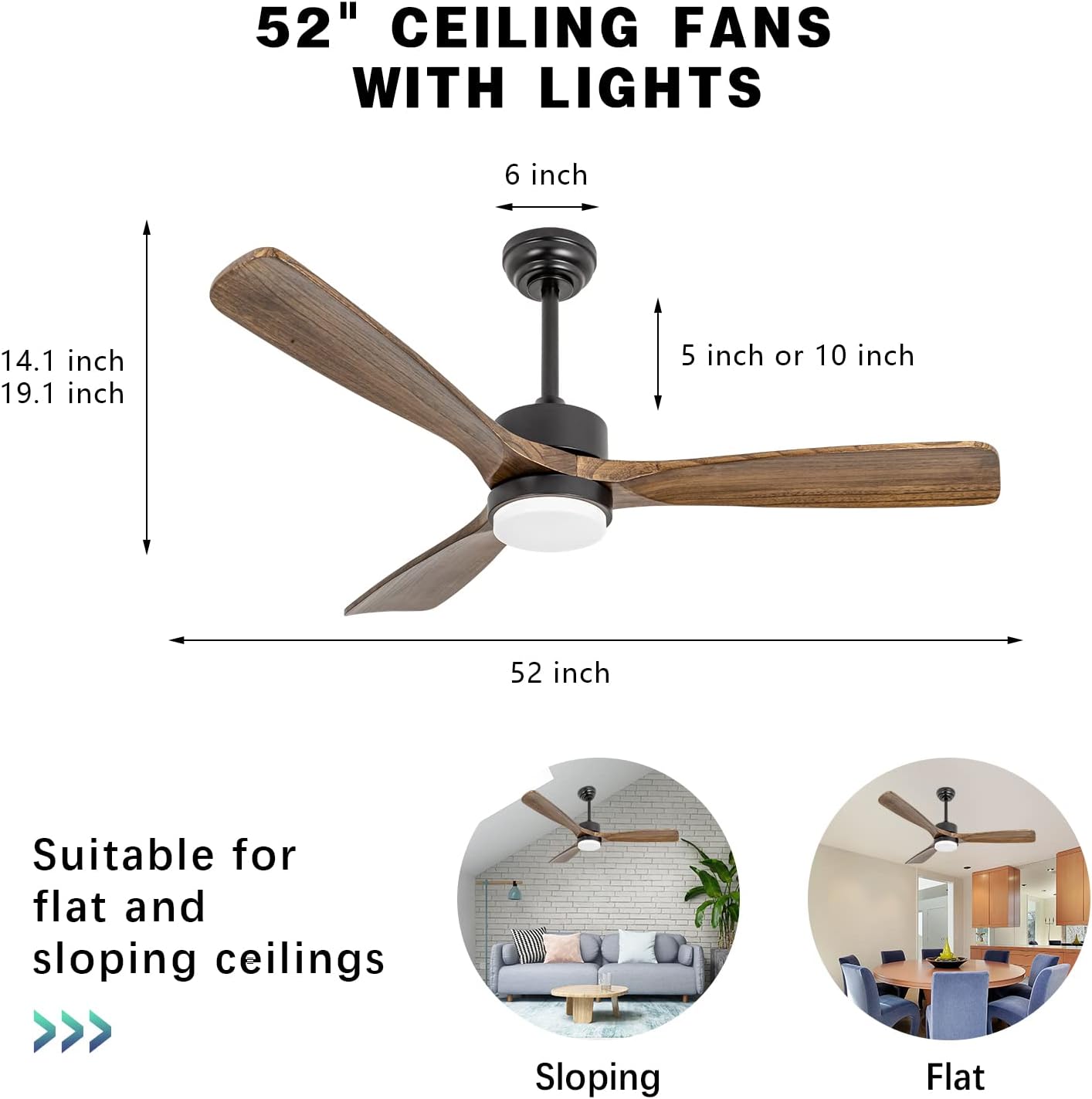 52 inch Wood Ceiling Fans with Lights and Remote, Modern Ceiling Fan with Light, 3 Color Light, 6 Speed, DC Motor, for Bedroom/Outdoor/Farmhouse/Patios, Walnut Black