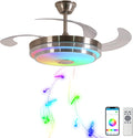 42 Inch RGB Retractable Ceiling Fan with Light, Reversible,Dimmable,Ultra-Quiet Invisible Chandelier Fan with Speaker for Kids Room Living Room Dinner Room,Brushed Nickel