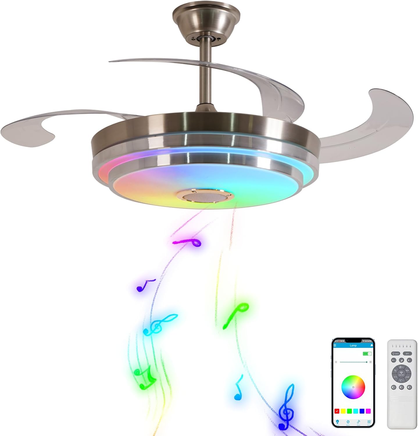 42 Inch RGB Retractable Ceiling Fan with Light, Reversible,Dimmable,Ultra-Quiet Invisible Chandelier Fan with Speaker for Kids Room Living Room Dinner Room,Brushed Nickel