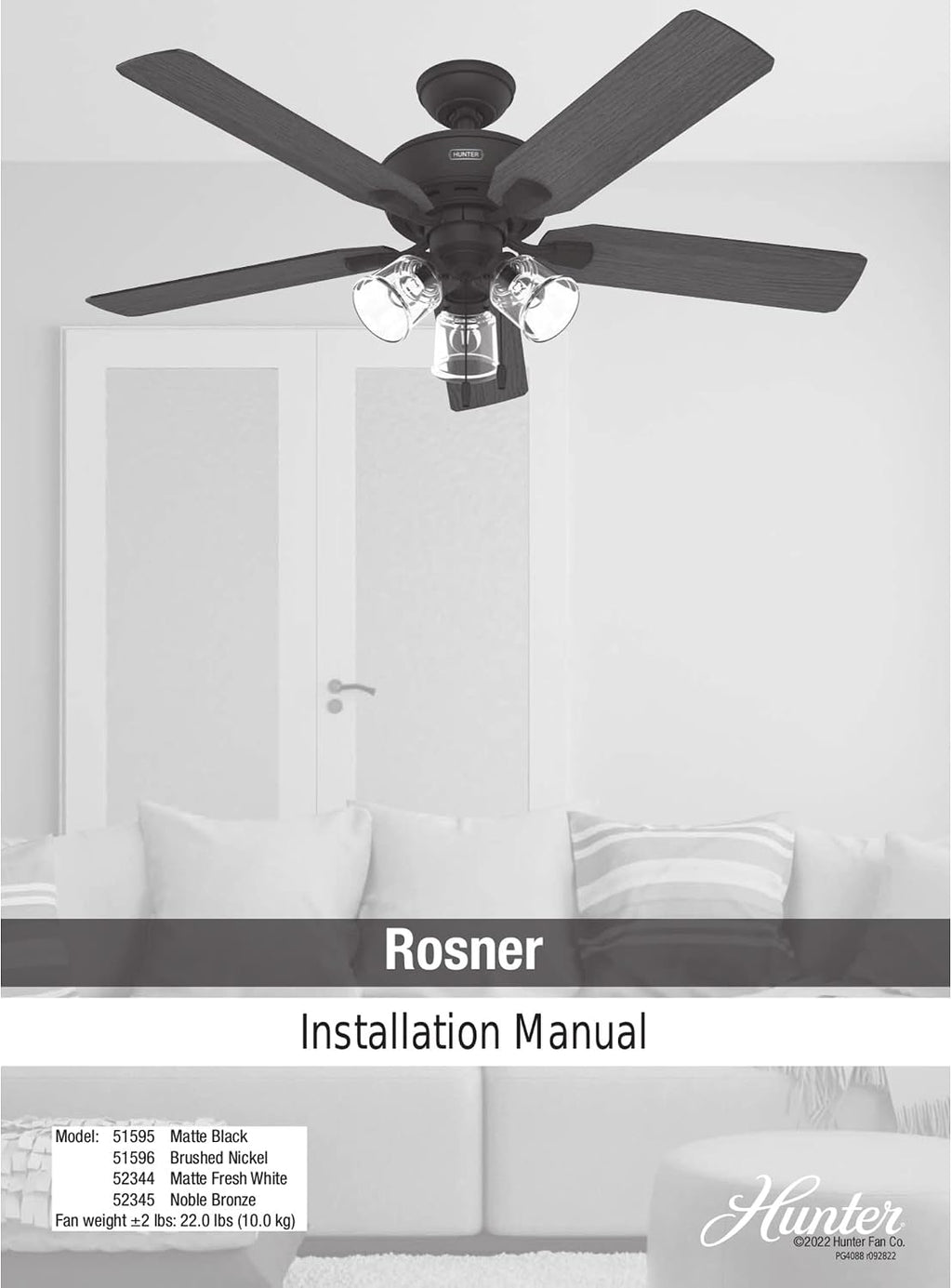Hunter 52 inch Indoor Ceiling Fan with LED Lights and Pull Chain - Standard Mount Bronze Ceiling Fan, 5 Blades, For Bedroom, Living Room, or Kitchen, 3 inch Downrod - Rosner 52345, Noble Bronze