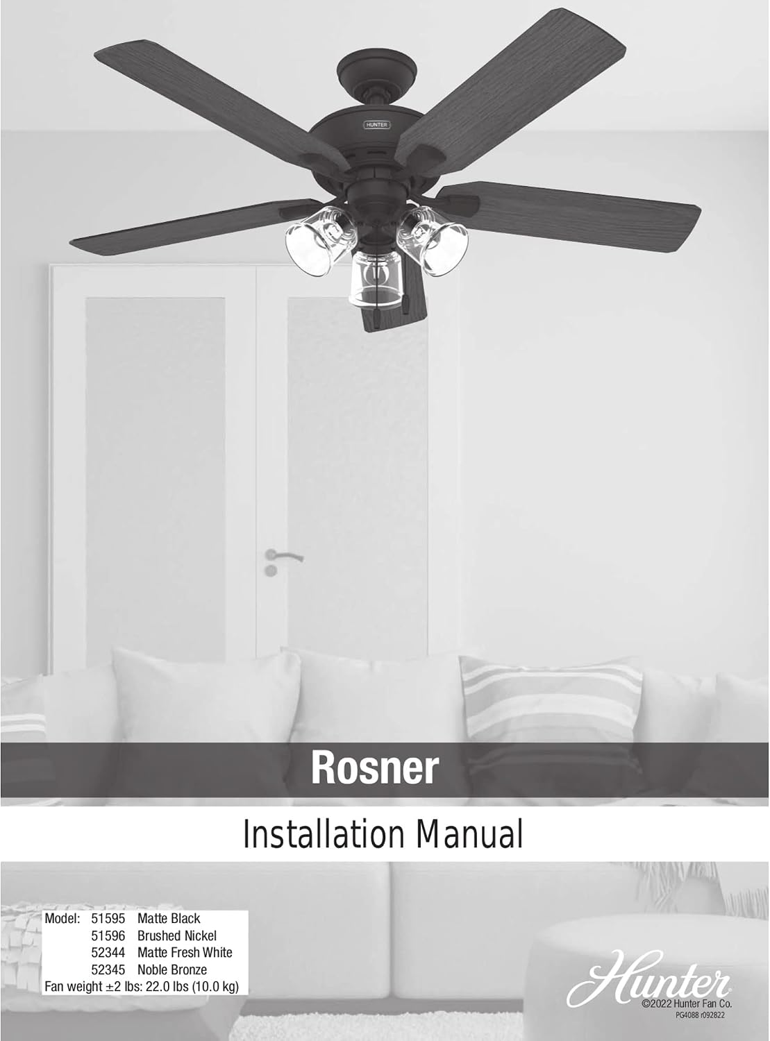 Hunter 52 inch Indoor Ceiling Fan with LED Lights and Pull Chain - Standard Mount Bronze Ceiling Fan, 5 Blades, For Bedroom, Living Room, or Kitchen, 3 inch Downrod - Rosner 52345, Noble Bronze