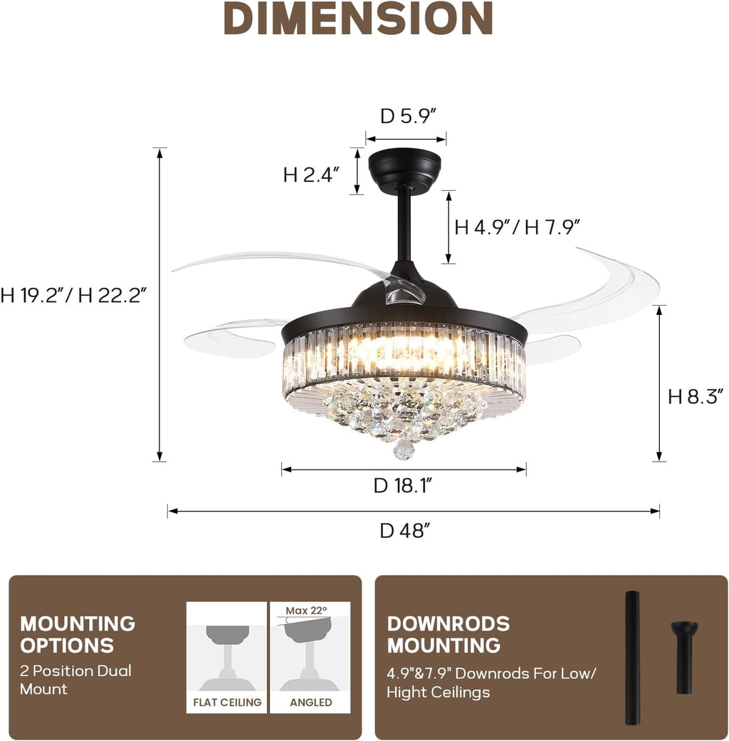 48'' Crystal Fandelier Ceiling Fan with Light, Retractable Blades Ceiling Fans with Light and Remote, Dimmable Chandelier Ceiling Fan for Bedroom Living Room-Black