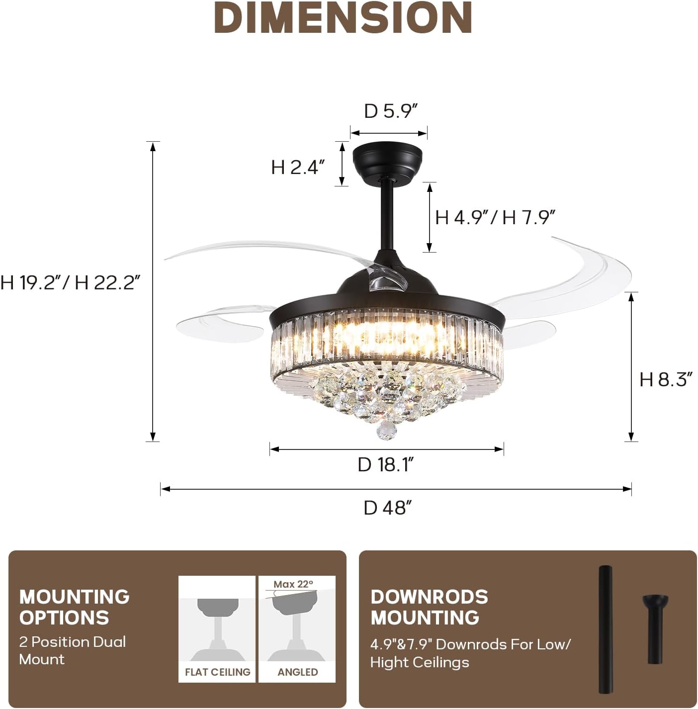 48'' Crystal Fandelier Ceiling Fan with Light, Retractable Blades Ceiling Fans with Light and Remote, Dimmable Chandelier Ceiling Fan for Bedroom Living Room-Black