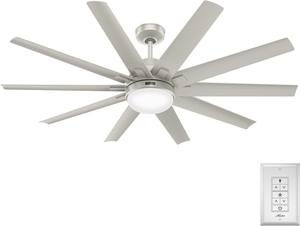 Hunter 60 inch Outdoor or Indoor Ceiling Fan with LED Light - Ceiling Fan with Wall Control, For Patio, Garage, or Porch, Quiet, Standard Mount, 10 Blades - Overton 50719, Matte Nickel