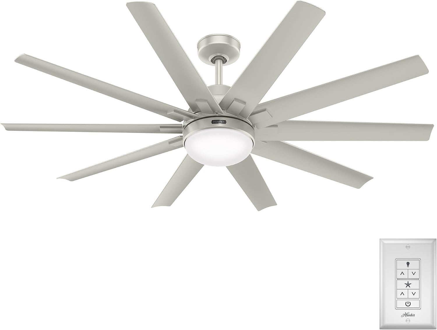 Hunter 60 inch Outdoor or Indoor Ceiling Fan with LED Light - Ceiling Fan with Wall Control, For Patio, Garage, or Porch, Quiet, Standard Mount, 10 Blades - Overton 50719, Matte Nickel