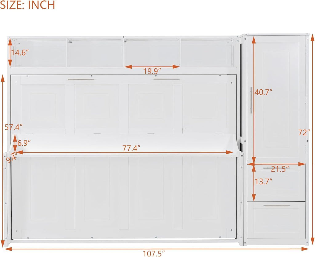 MERITLINE Full Murphy Bed with Wardrobe Closet,2 Drawer,4 Storage Open Shelves,Wood Folding Murphy Wall Bed Cabinet (White,Full)
