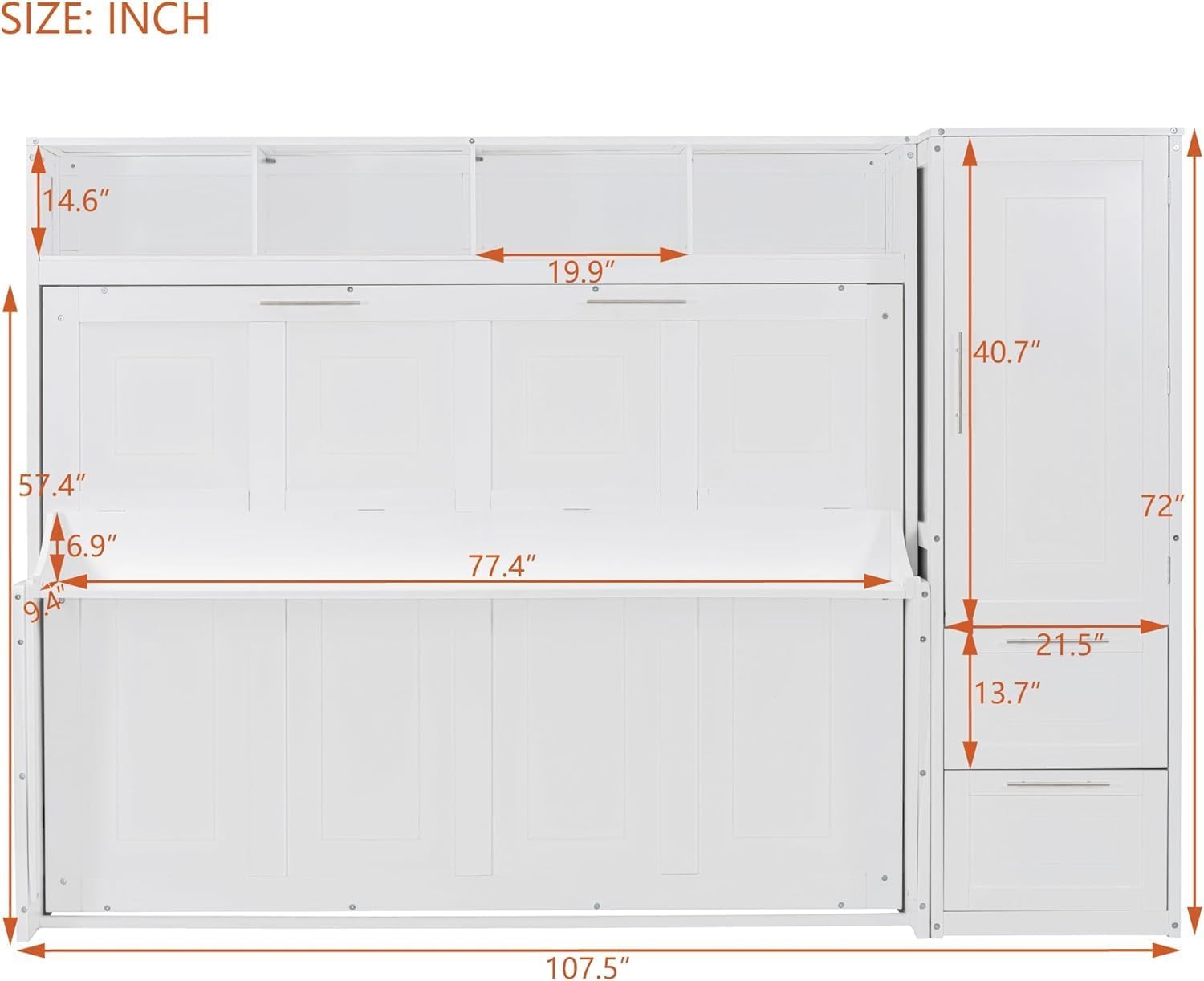 MERITLINE Full Murphy Bed with Wardrobe Closet,2 Drawer,4 Storage Open Shelves,Wood Folding Murphy Wall Bed Cabinet (White,Full)
