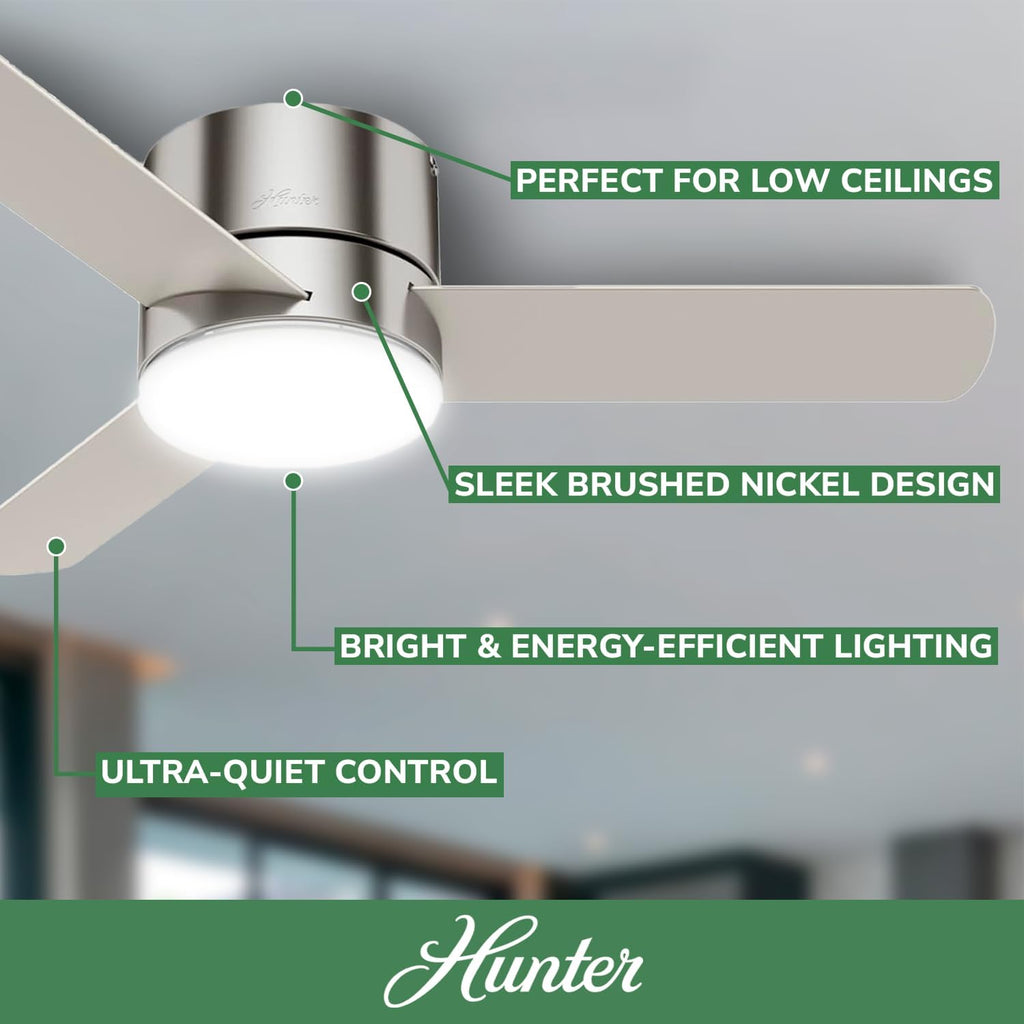 Hunter 44 inch Indoor Ceiling Fan with Light and Remote Control - For Bedroom or Living Room, Low Profile Flush Mount, Modern Ceiling Fan with LED Light, Quiet, 3 Blades- Minimus 59454, Brushed Nickel