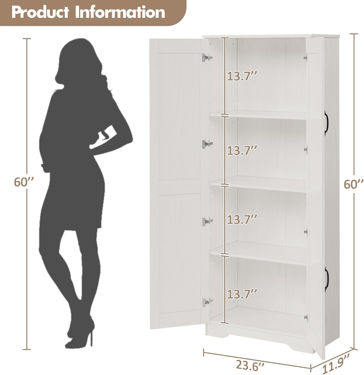 IDEALHOUSE Tall Pantry Cabinet, 60' Kitchen Pantry Storage Cabinet with 2 Doors and Adjustable Shelves, Freestanding Kitchen Cabinet, Cupboard for Dining Room, Bathroom, Living Room, White