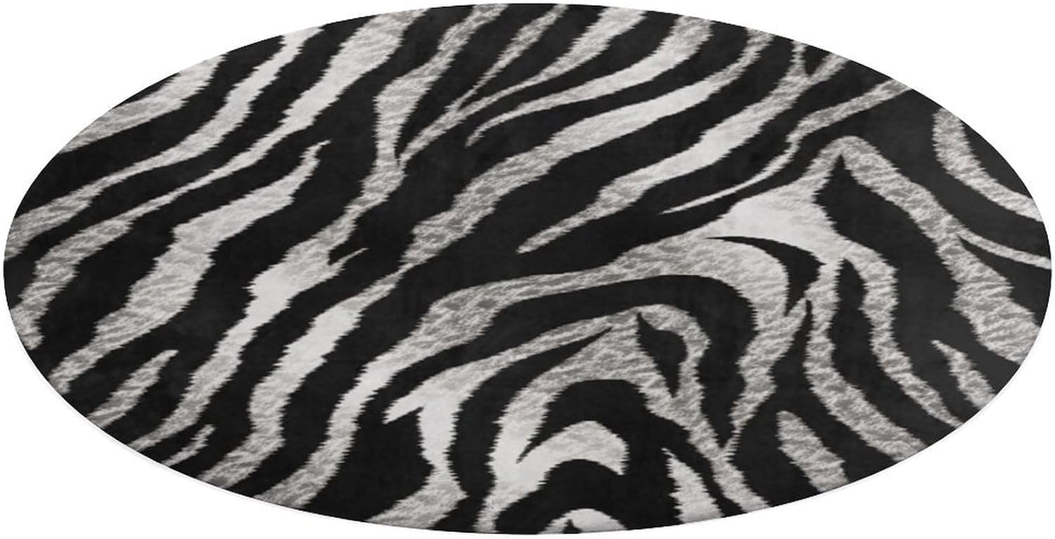 Black and White Zebra Print Coral Velvet Round Floor Mat Non-Slip Bath Rug Floor Covering for Bathroom Vanity Guest Suite & Vacation Home