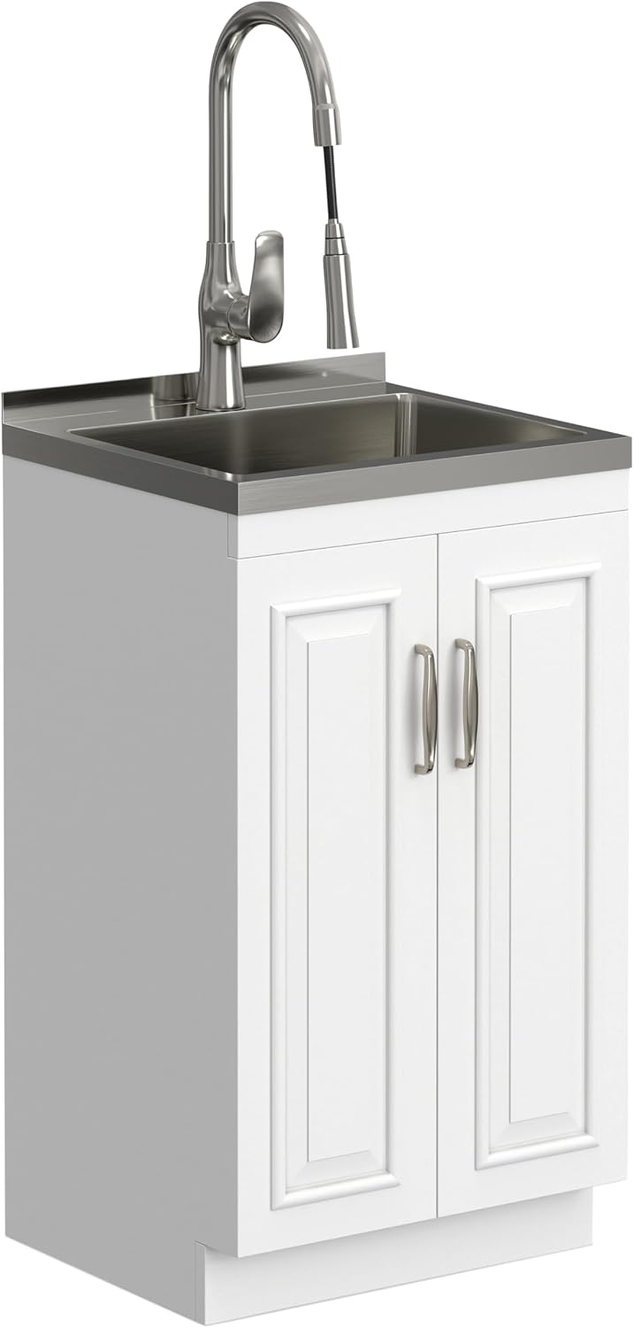 SIMPLIHOME Darwin All-in-One 20 inch Wide Utility Sink and Laundry Cabinet in Pure White Finish, Transitional Stainless Steel Sink Cabinet for Laundry Rooms with High-Arch Chrome Faucet and Storage