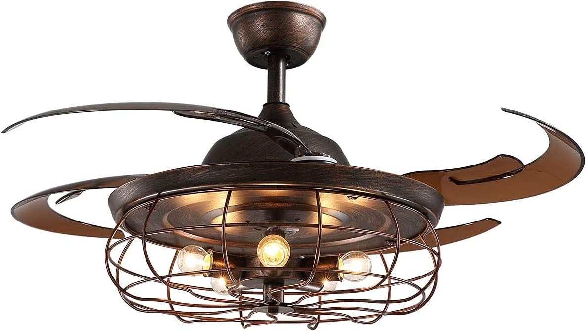 48 Inches Retractable Caged Ceiling Fan with Lights, Reverse Industrial Rusty Fandelier Fan Chandelier with Remote Control for Living Room Dining Room Bedroom - 5 Lights