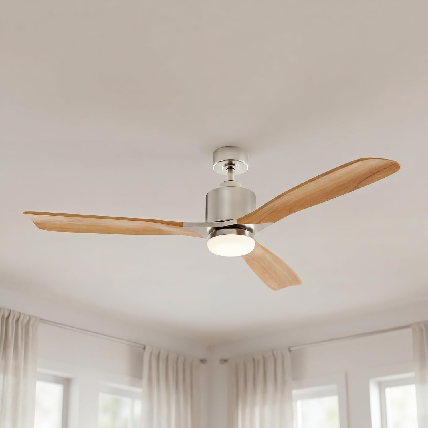Kichler Ridley II 52 in Ceiling Fan with Light, 3-Blade LED Indoor Fan with Etched Cased Opal Glass in Brushed Stainless Steel, Medium Oak Blades for Living Room, 300027BSS