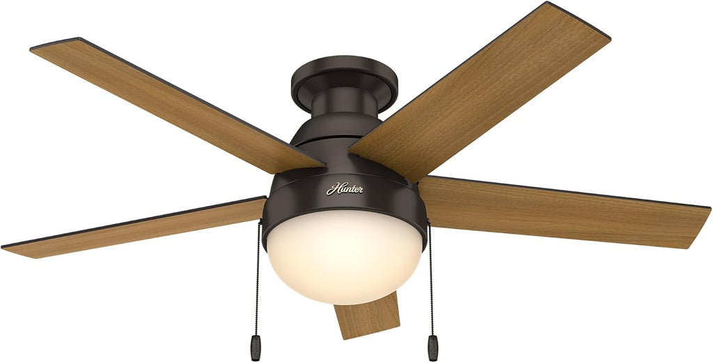 Hunter 46 inch Indoor Ceiling Fan with LED Light - Bronze Ceiling Fan with Pull Chain, For Bedroom, Living Room, or Kitchen, Low Profile Mount, No Remote, 5 Blades - Anslee 59268, Premier Bronze