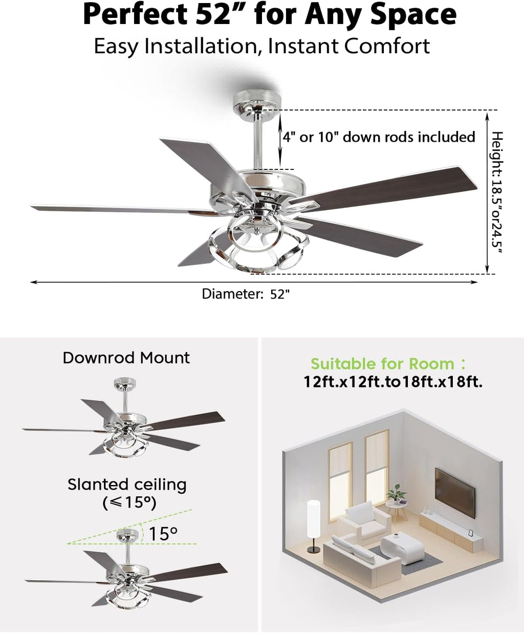 Ceiling Fans with Lights and Remote - Modern Silver Ceiling Fan with Light and Remote, 3CCT, 6 Speeds, Quiet, Dual-Sided Reversible Blades Indoor Outdoor Chandelier Fan for Bedroom Living Room