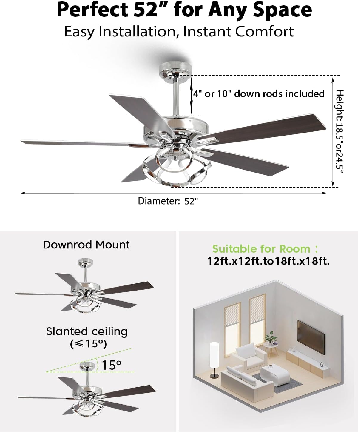 Ceiling Fans with Lights and Remote - Modern Silver Ceiling Fan with Light and Remote, 3CCT, 6 Speeds, Quiet, Dual-Sided Reversible Blades Indoor Outdoor Chandelier Fan for Bedroom Living Room