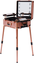 Trolley Make up Case Professional Cosmetic Organizer Vanity Station With Led Lights Wheels And Stands Rolling Lighted Travel Table & Mirror Pro Cover Panel Extendable Adjustable Legs（Rose Gold）