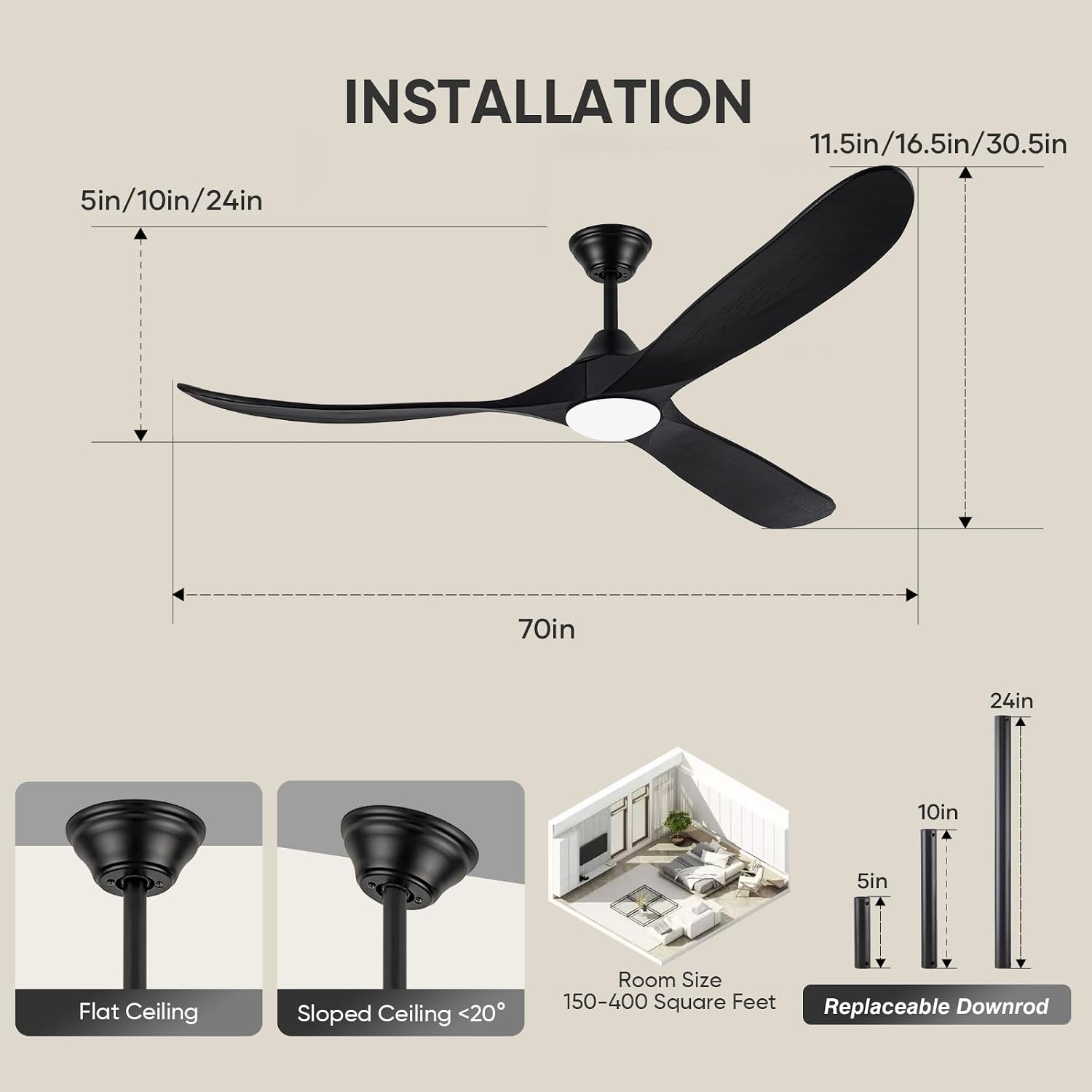 70 Inch Smart Outdoor Ceiling Fans for Patios with Light, Large Black Modern Low Profile Ceiling Fan with Remote Control, 3 Blade Wood Propeller Dc Ceiling Fan for Indoor Outside Porch Gazebo