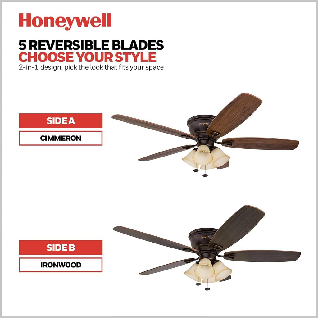 Honeywell Glen Alden 52' Ceiling Fan with Arm Light Kit, Pull Chain, Bronze