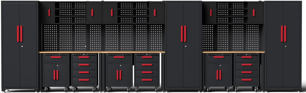 Garage Storage Cabinet System,18Pack Garage Cabinets and Storage System Included Steel Drawers Rolling Chest,Locked Storage Cabinet, Perfect for Organizing Garage and Tools, Red Handle