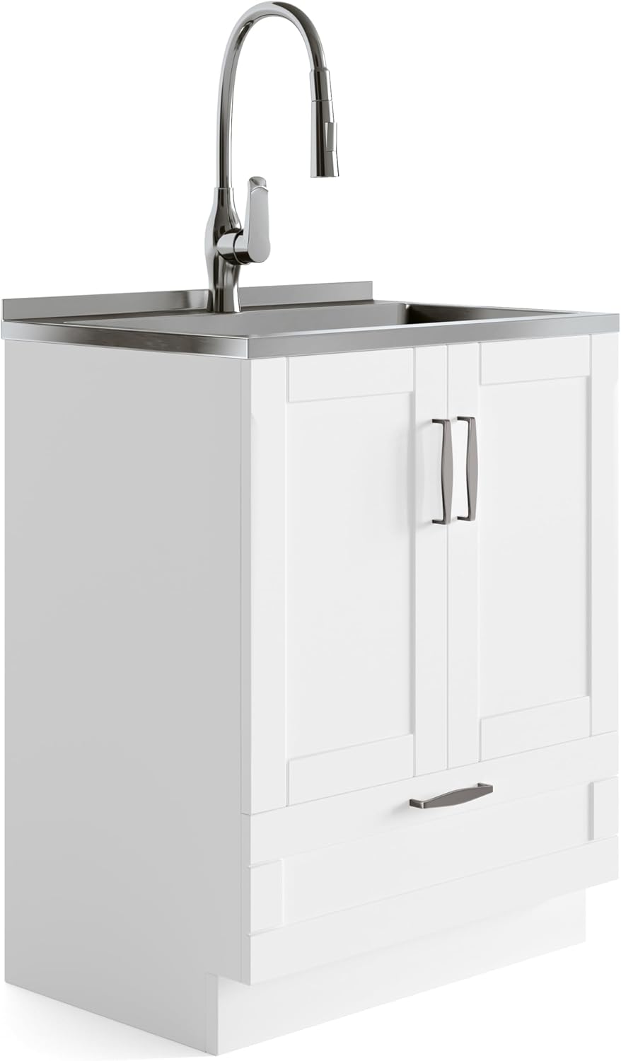 SIMPLIHOME Reed All-in-One 28 inch Wide Utility Sink and Laundry Cabinet in Pure White Finish, Transitional Stainless Steel Sink Cabinet for Laundry Rooms with High-Arch Chrome Faucet and Storage