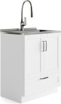 SIMPLIHOME Reed All-in-One 28 inch Wide Utility Sink and Laundry Cabinet in Pure White Finish, Transitional Stainless Steel Sink Cabinet for Laundry Rooms with High-Arch Chrome Faucet and Storage