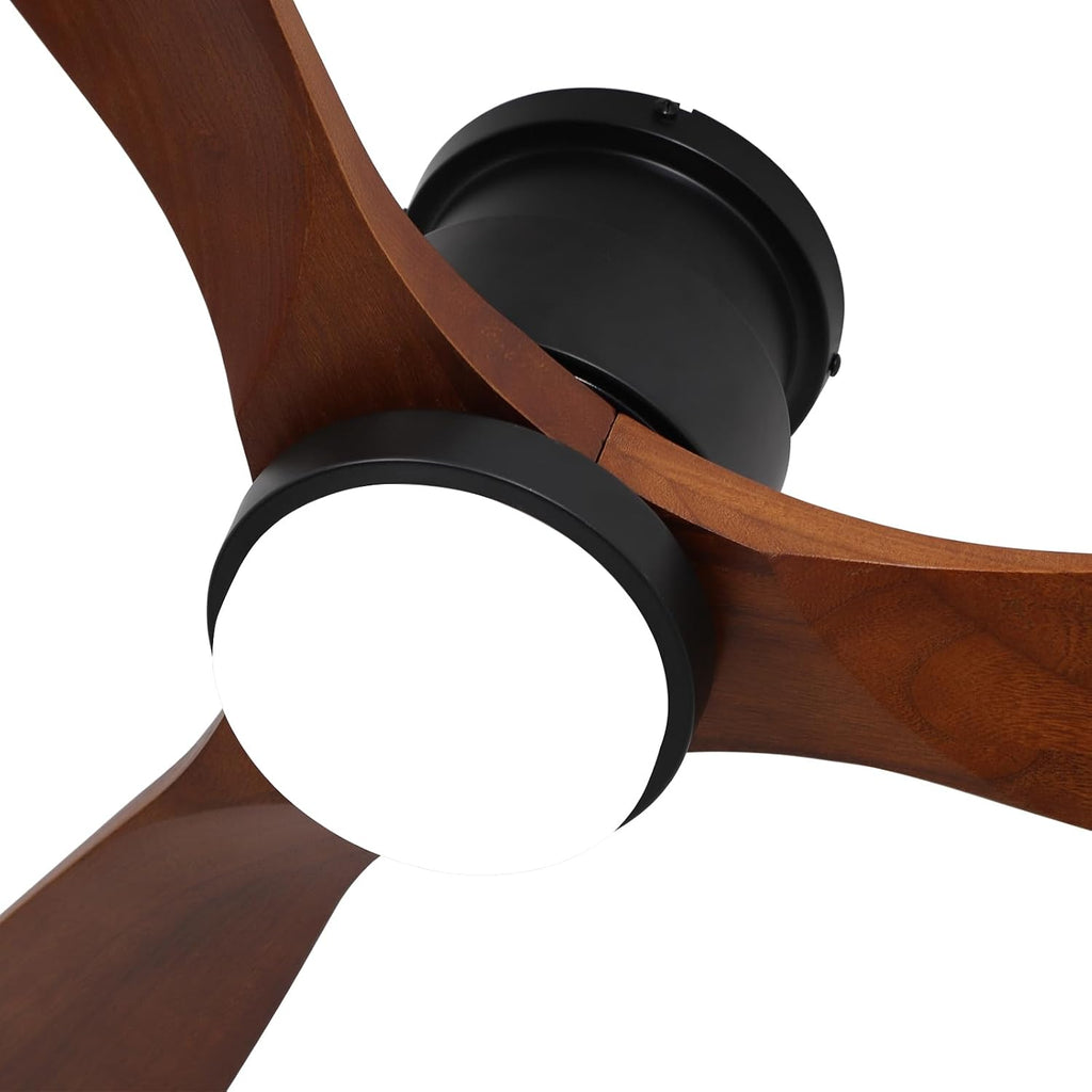 52' Ceiling Fans Flush Mount with Lights and Remote Control, Dark Brown Solid Wood Ceiling Fans for Indoor Outdoor Farmhouse, Timing 6 Speeds 3 Color Light with Memory Lighting