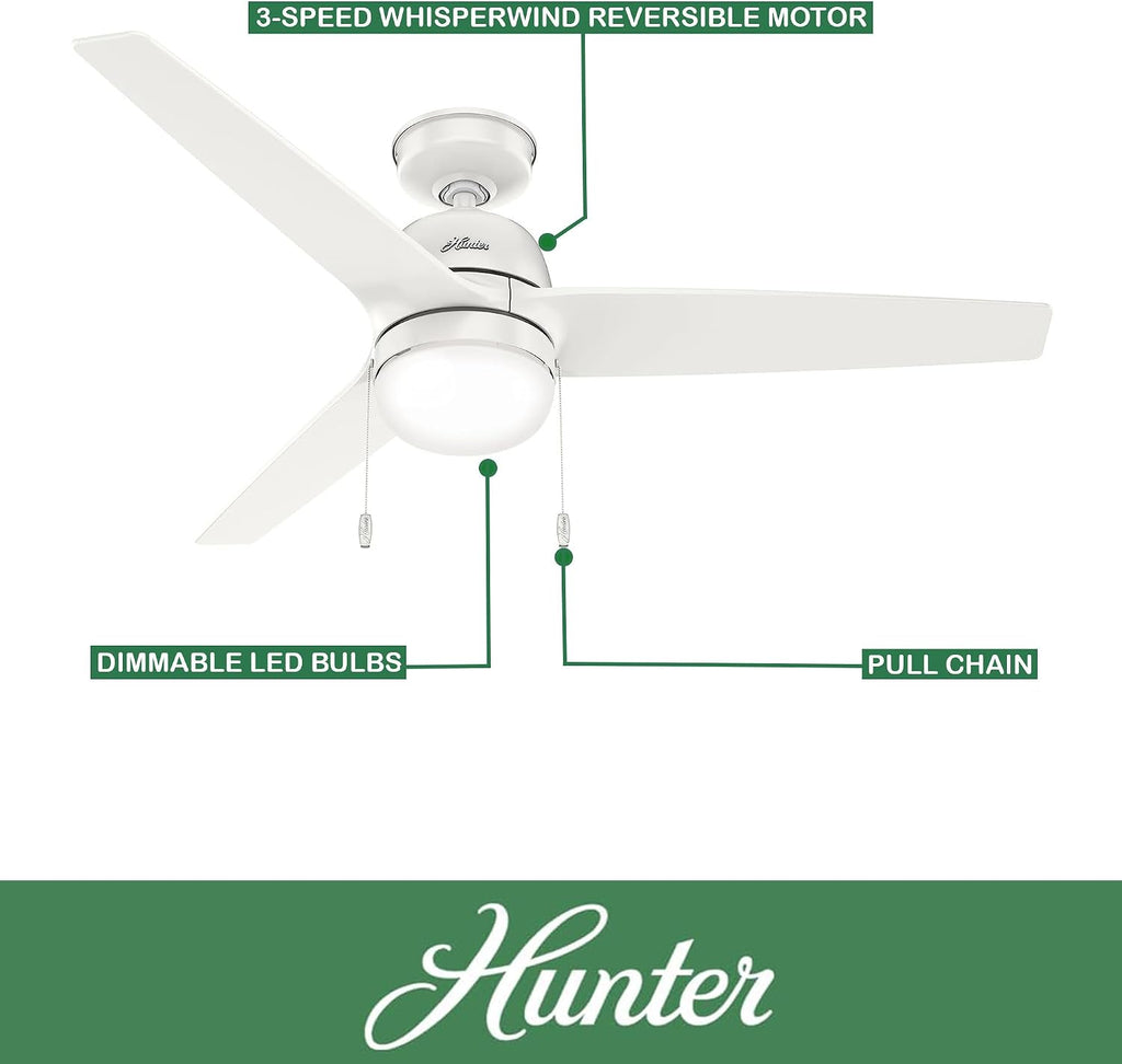 Hunter Fan 52 inch Ceiling Fan with Lights and Pull Chain, Outdoor or Indoor White Ceiling Fan for Porch, Living Room, Office, Kitchen, Garage (Renewed)