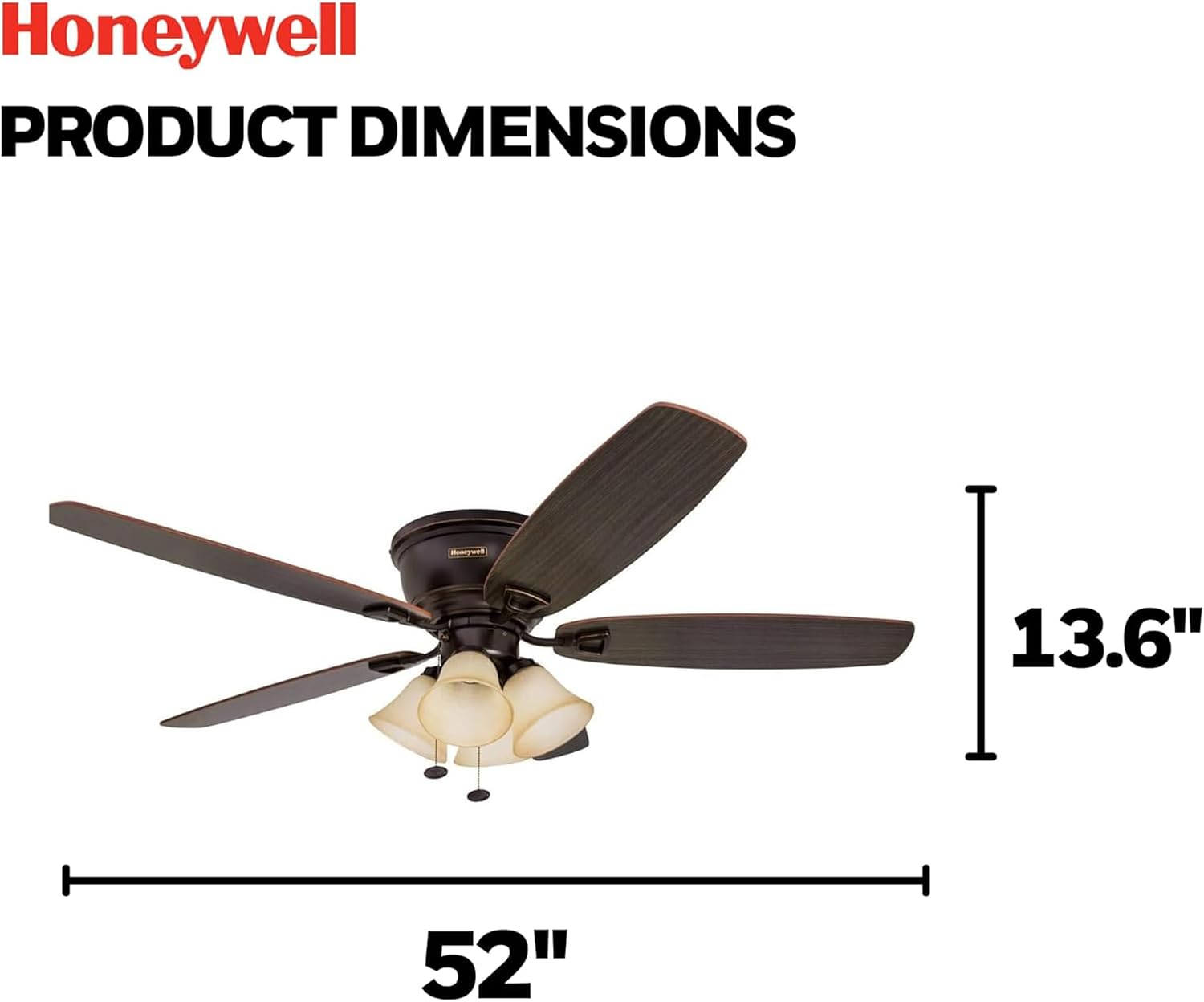 Honeywell Glen Alden 52' Ceiling Fan with Arm Light Kit, Pull Chain, Bronze