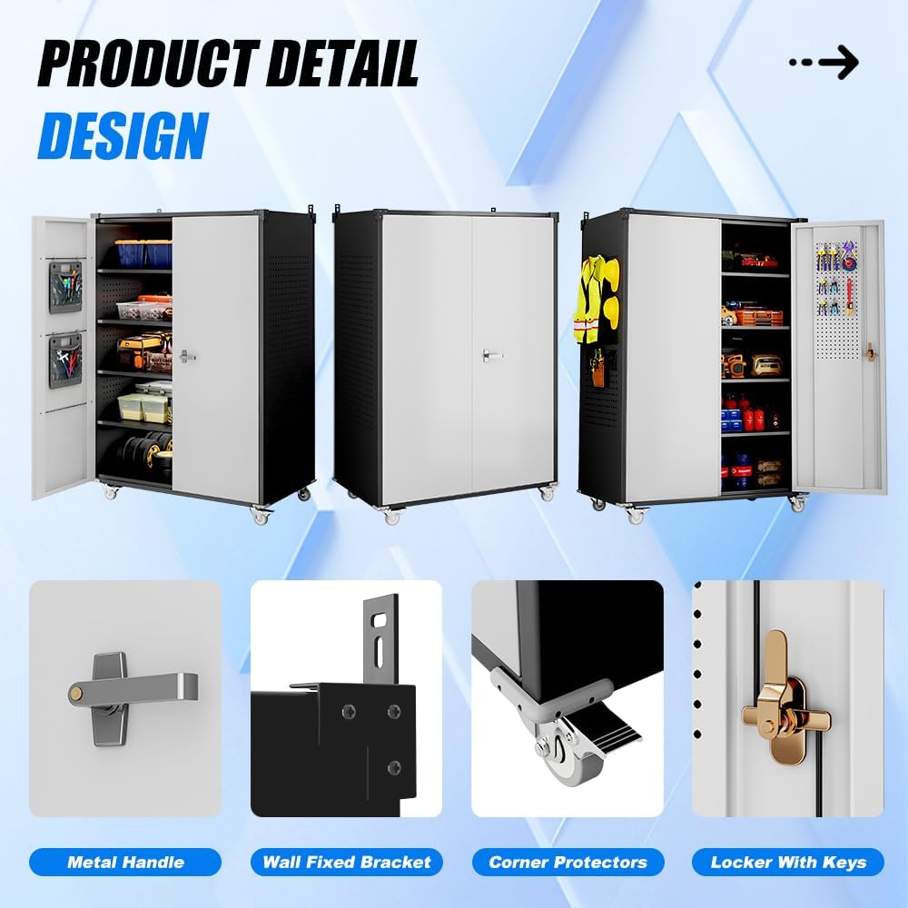 Yeeoy Wide & Deep Metal Garage Storage Cabinet with Pegboard & Adjustable Shelves, Lockable Storage Cabinet with Wheels, Tool Organization Cabinets for Office Garage, 43''W x 22''D x 72''H, Black Gray