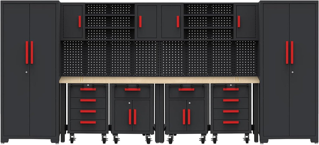 Garage Storage Cabinet System, 12PCS Garage Cabinets and Storage System Kit Workshop Set with Steel Cabinet, Cabinet Drawers, Workbench, Red Handle