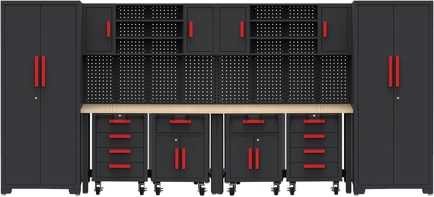 Garage Storage Cabinet System, 12PCS Garage Cabinets and Storage System Kit Workshop Set with Steel Cabinet, Cabinet Drawers, Workbench, Red Handle