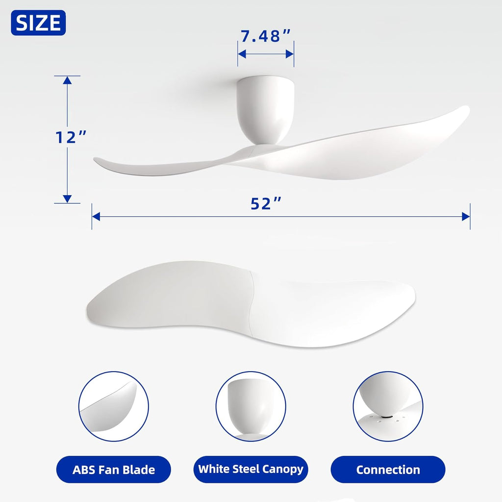 52' White 2 Blades Flush Mount Ceiling Fan with Remote, No Light | Modern Low-Profile, Heat Resistant ABS Blades, 6-Speed Reversible Quiet DC Motor for Balcony, Living Room, Bedroom