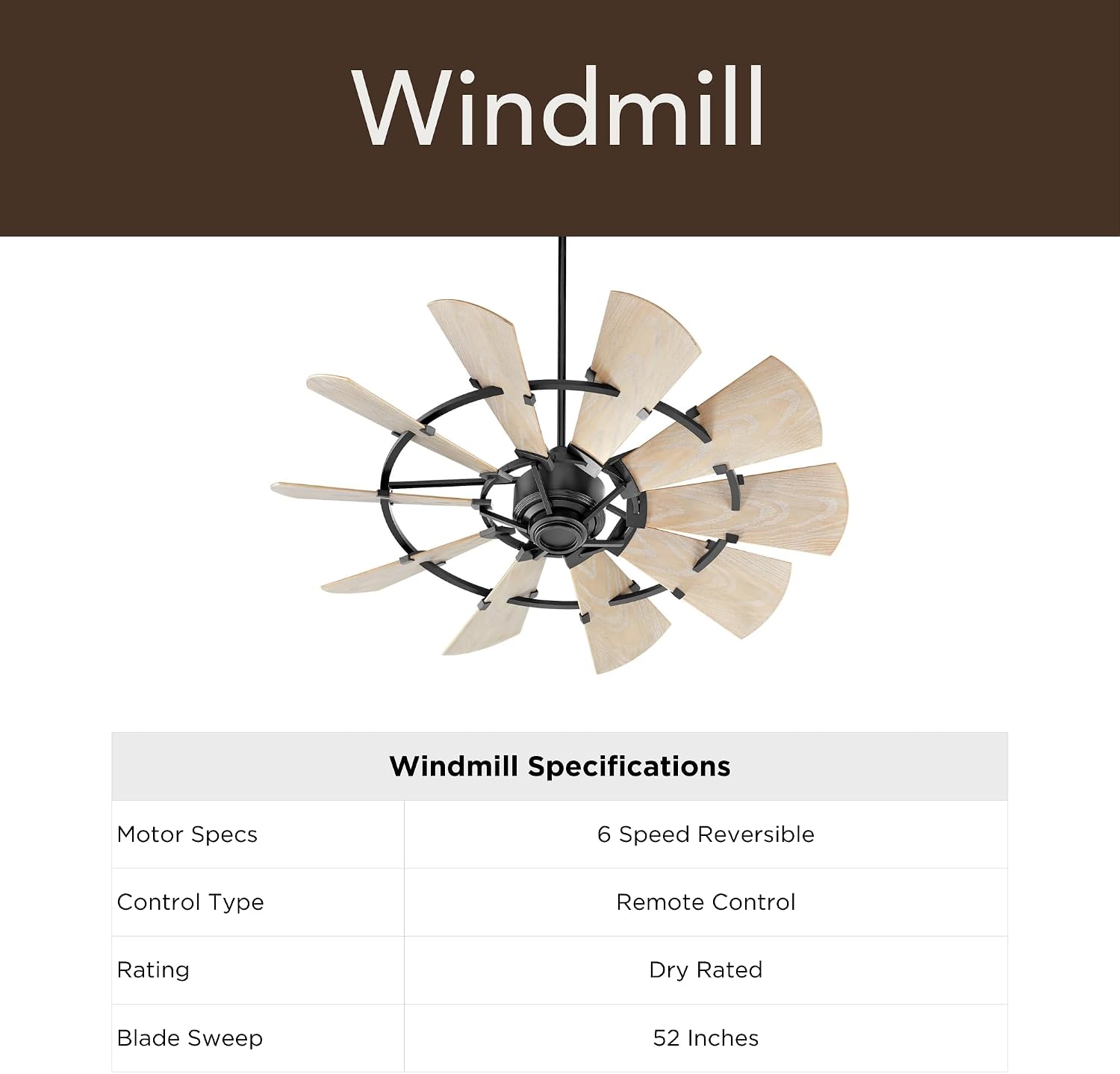 Quorum 95210-69 Windmill 52 Inch Ceiling Fan | 10 Blade Wagon Wheel Design | 6 Speed Reversible DC Motor | Remote Control Included | Dry Rated Indoor Fan | Weathered Oak Blades | Textured Black Finish