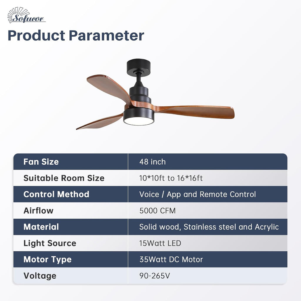 Sofucor 48 Inch Smart Ceiling Fan with Light, Solid Wood Low Profile Ceiling Fans with Lights and Remote, Work with Alexa/Google/App, Quiet DC Motor, 3 Blade Ceiling Fan for Bedroom Living Room Patio
