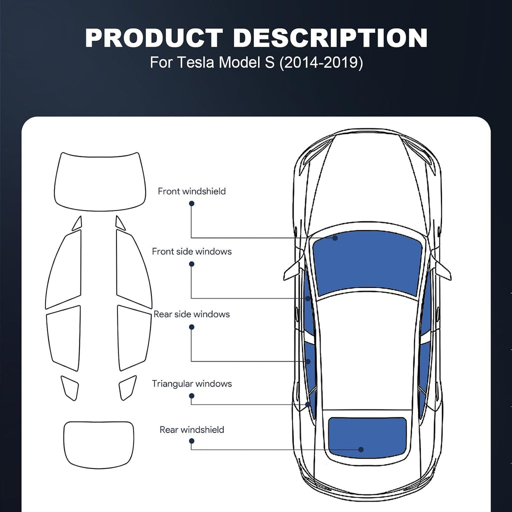 Precut Window Film Tint for Tesla Model S 2014-2019 Kit All Sides Privacy Block Infrared UV Rays Sun Blocking Protection (Side Windows 20% + Rear Windshield 20% + Front Windshield 80%)