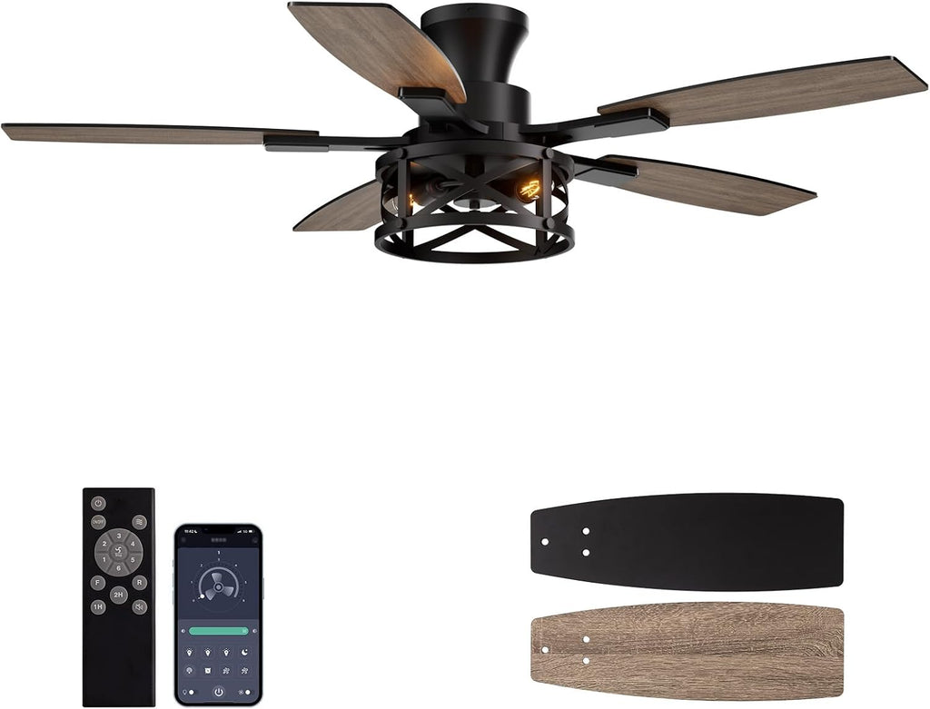 50 Inch Flush Mount Black Caged Ceiling Fan with Lights, Low Profile Farmhouse Ceiling Fan for Bedroom Living Room and Patio, Ceiling Fans and Remote Control for Indoor and Outdoor