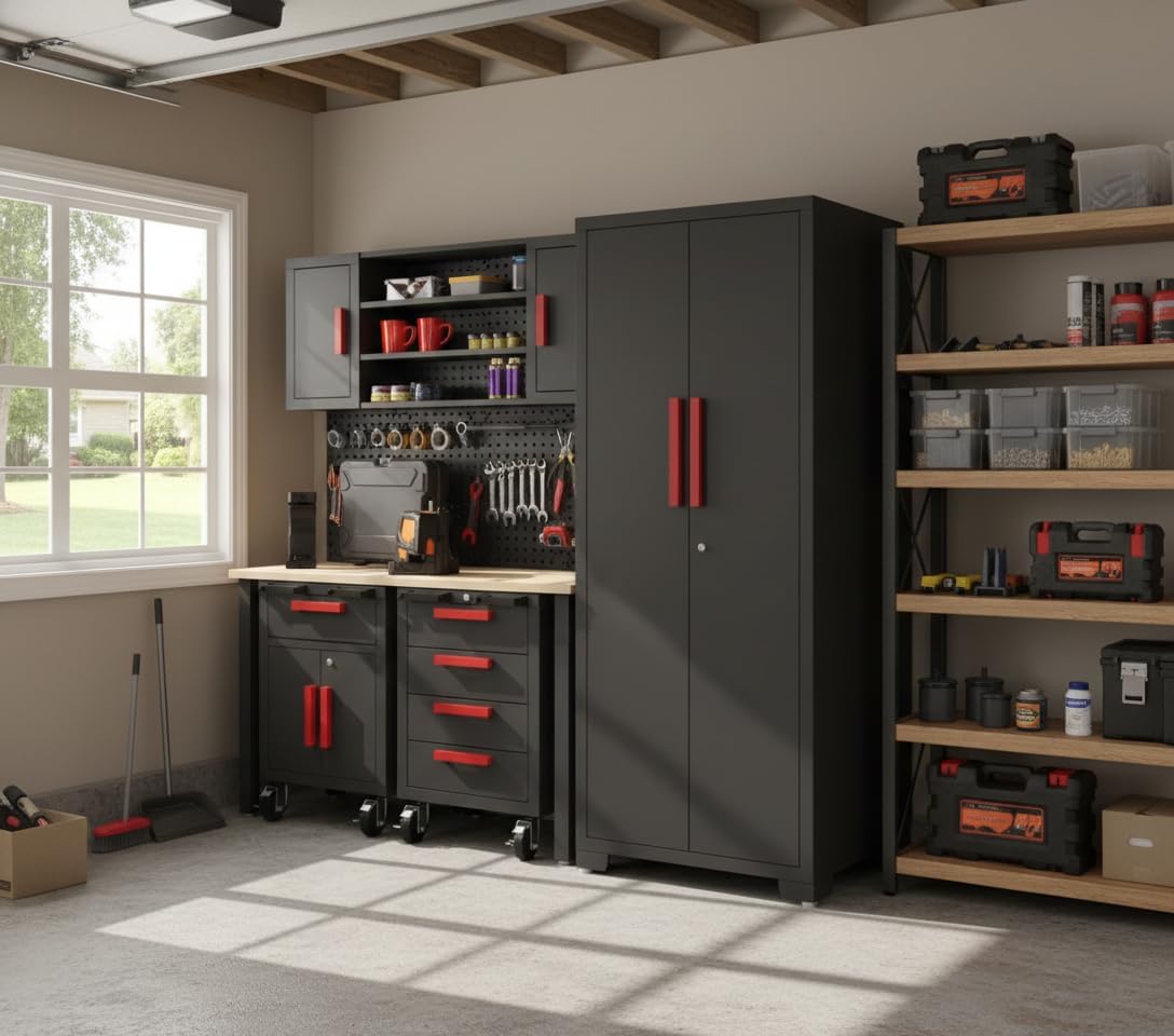 6Piece Garage Storage Cabinet System, Garage Cabinets and Storage System Workshop Set with Steel Cabinet, Cabinet Drawers, Workbench, Pegboard for Tool Organization
