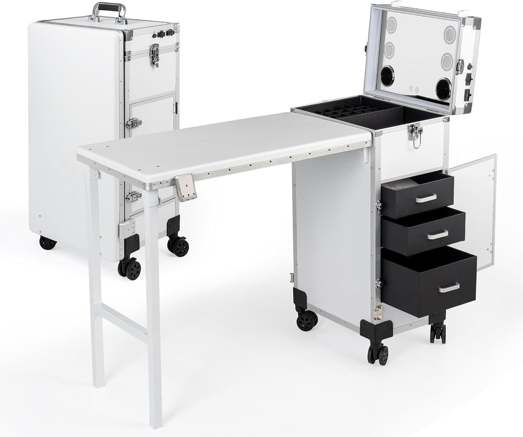 Portable Manicure Table 3 Drawers, Rolling Lockable Makeup Train Case with Blueteeth Speaker and Nail Polish Organizer, Foldable Nail Desk with Mirror & TSA Lock for Nail Tech and Salon Use
