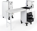 Portable Manicure Table 3 Drawers, Rolling Lockable Makeup Train Case with Blueteeth Speaker and Nail Polish Organizer, Foldable Nail Desk with Mirror & TSA Lock for Nail Tech and Salon Use