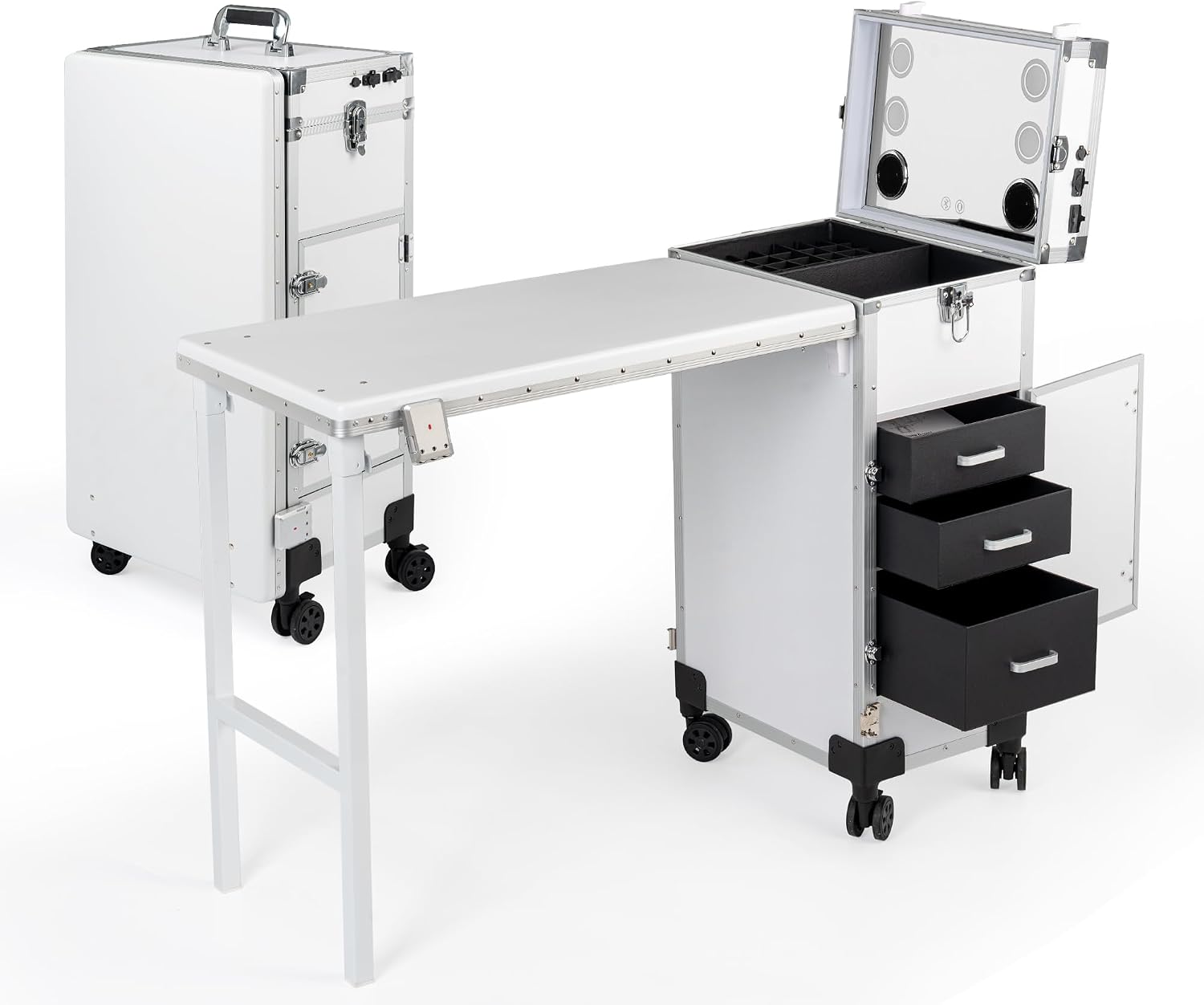 Portable Manicure Table 3 Drawers, Rolling Lockable Makeup Train Case with Blueteeth Speaker and Nail Polish Organizer, Foldable Nail Desk with Mirror & TSA Lock for Nail Tech and Salon Use